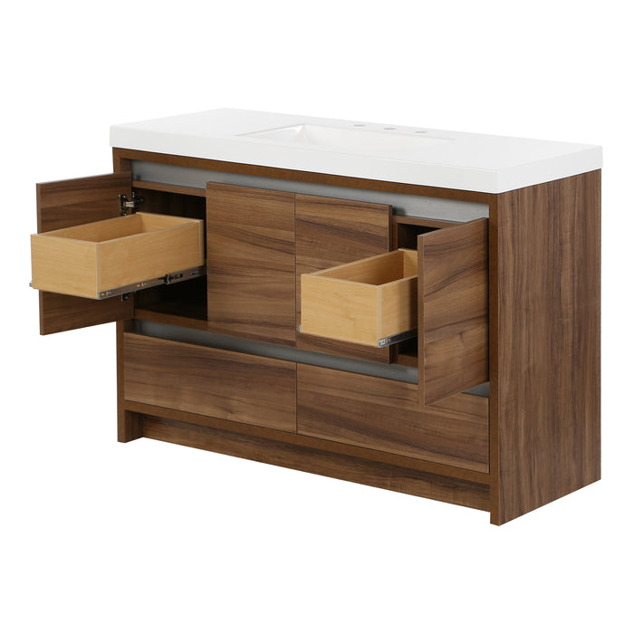 Open side drawers on Trente 48 inch 4-door, 4-drawer, hardware-free bathroom vanity with woodgrain finish and white sink top