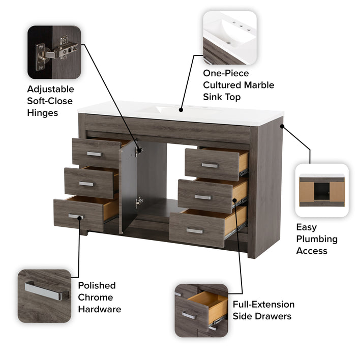 48.25" Freestanding Bathroom Vanity With 6 Drawers and White Countertop