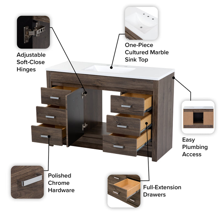 48.25" Freestanding Bathroom Vanity With 6 Drawers and White Countertop