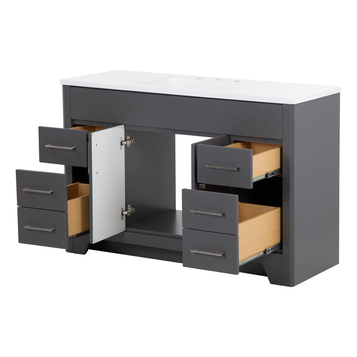 Open drawers and doors Salil 48 inch 2-door, 4-drawer gray bathroom vanity with white sink top