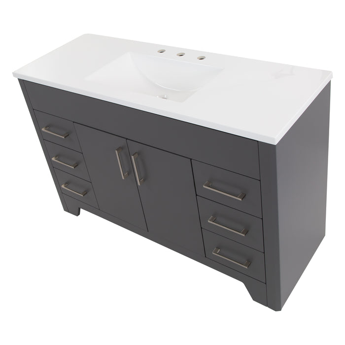 Top view of Salil 48 inch 2-door, 4-drawer gray bathroom vanity with white sink top