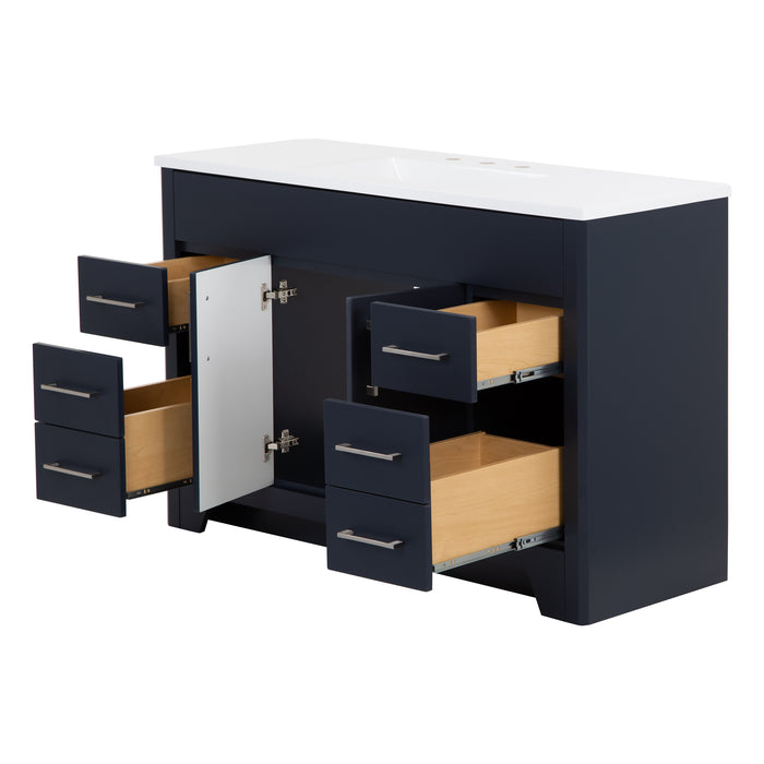 Open doors and drawers on Salil 48 inch 2-door, 4-drawer blue bathroom vanity with white sink top