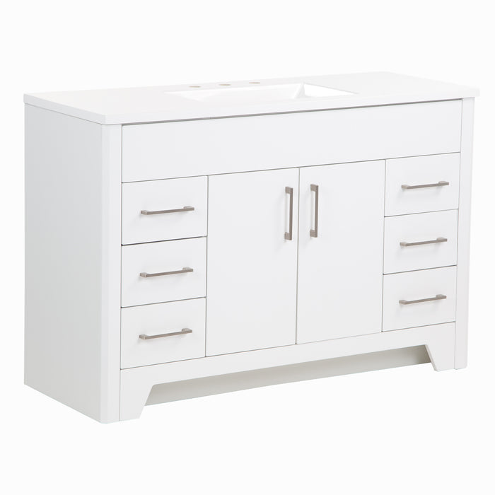 Left side of Salil 48 inch 2-door, 4-drawer white bathroom vanity with white sink top