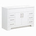 Left side of Salil 48 inch 2-door, 4-drawer white bathroom vanity with white sink top