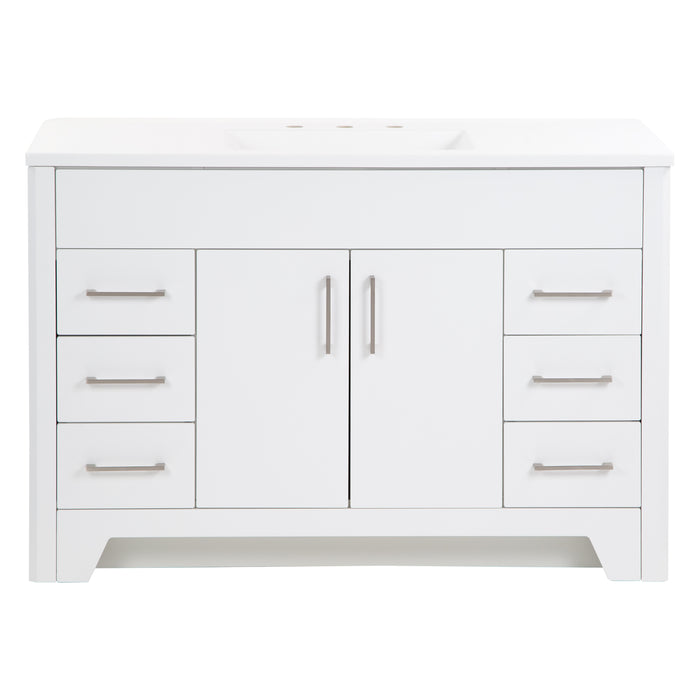 Front of Salil 48 inch 2-door, 4-drawer white bathroom vanity with white sink top