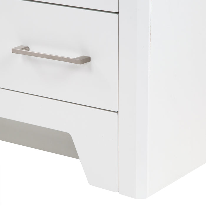 Toekick on Salil 48 inch 2-door, 4-drawer white bathroom vanity with white sink top