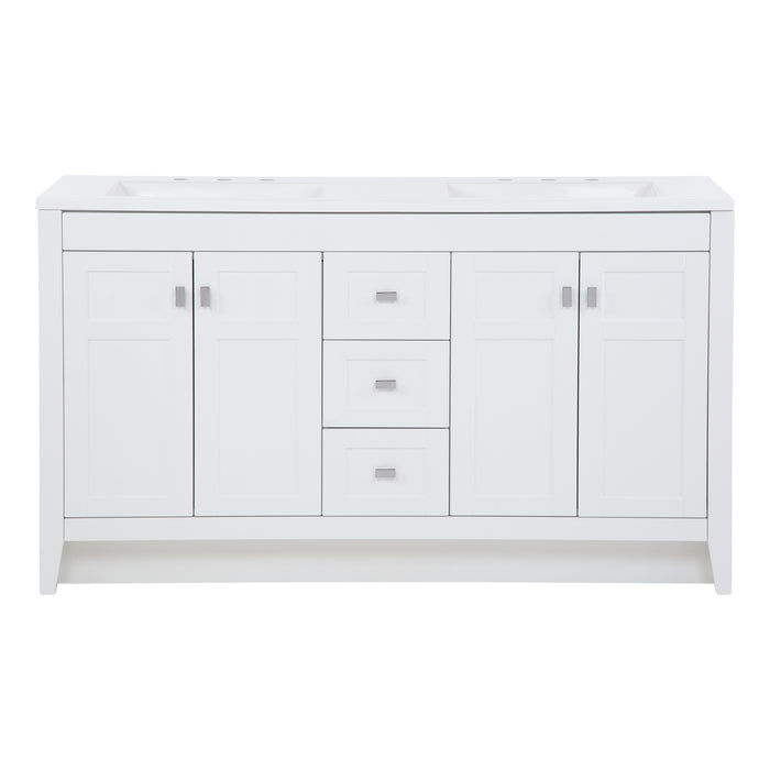 Lonsdale 60 inch white double sink bathroom vanity with 2 cabinets and 3 drawers