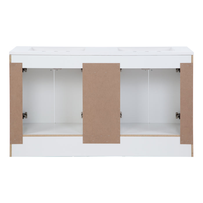 Open back on Lonsdale 60 inch white double sink bathroom vanity with 2 cabinets and 3 drawers
