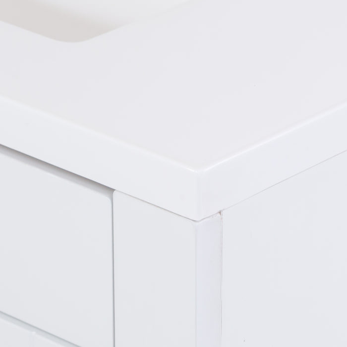 Corner closeup of Lonsdale 60 inch white double sink bathroom vanity with 2 cabinets and 3 drawers