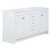 Angled view of Lonsdale 60 inch white double sink bathroom vanity with 2 cabinets and 3 drawers