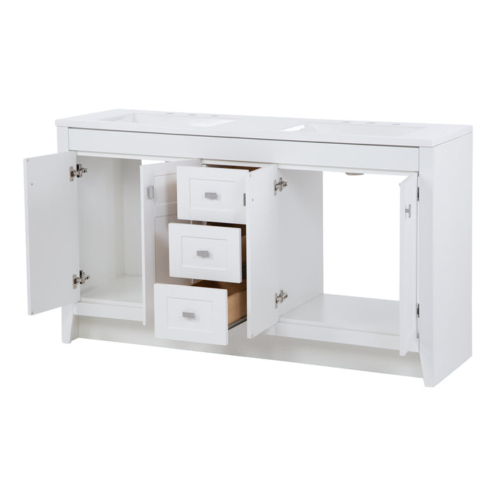 Open doors and drawers on Lonsdale 60 inch white double sink bathroom vanity with 2 cabinets and 3 drawers
