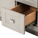Open drawer on Lonsdale 60 inch gray double sink bathroom vanity with 2 cabinets and 3 drawers