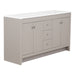 Angled view of Lonsdale 60 inch gray double sink bathroom vanity with 2 cabinets and 3 drawers