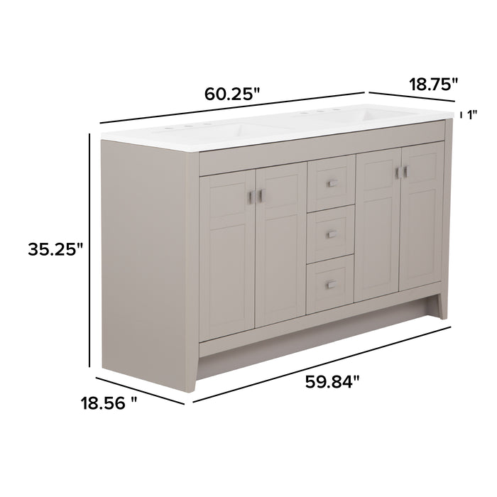 Measurements of Lonsdale 60 inch gray double sink bathroom vanity with 2 cabinets and 3 drawers: 60.25 in W x 18.75 in D x 35.25 in H