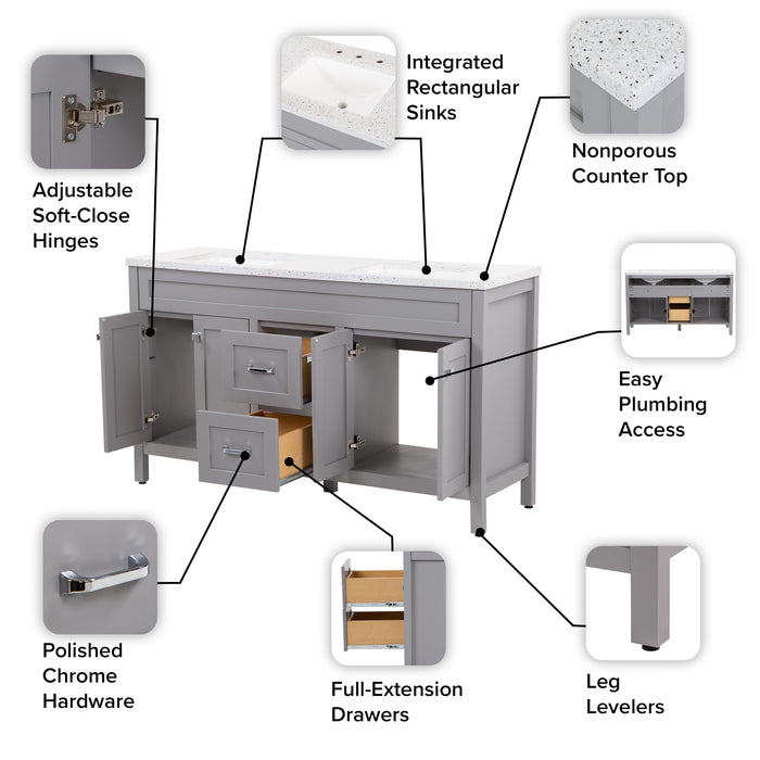 60.5" Furniture-Style Vanity With Integrated Double-Sink