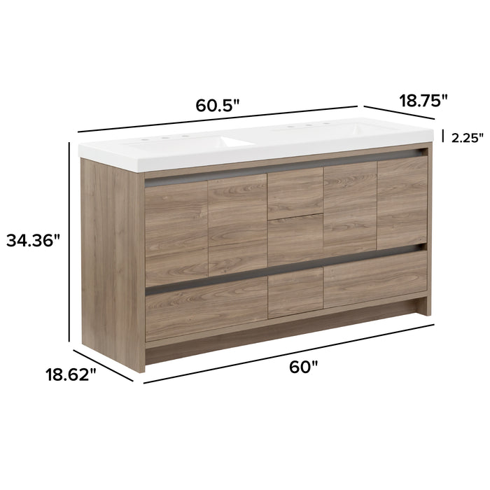 Measurements of Trente 60 inch 4-door, 5-drawer, hardware-free double-sink bathroom vanity with woodgrain finish and white sink: 60.5 in W x 18.75 in D x 34.36 in H