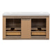 Open back on Trente 60 inch 4-door, 5-drawer, hardware-free double-sink bathroom vanity with woodgrain finish and white sink