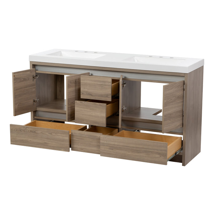 Open doors and drawers on Trente 60 inch 4-door, 5-drawer, hardware-free double-sink bathroom vanity with woodgrain finish and white sink