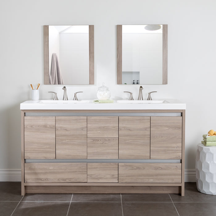 Trente 60 inch 4-door, 5-drawer, hardware-free double-sink bathroom vanity with woodgrain finish and white sink installed in bathroom