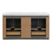 Open back on Trente 60 inch 4-door, 5-drawer, hardware-free double-sink bathroom vanity with woodgrain finish and white sink