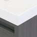 Corner detail on Trente 60 inch 4-door, 5-drawer, hardware-free double-sink bathroom vanity with woodgrain finish and white sink