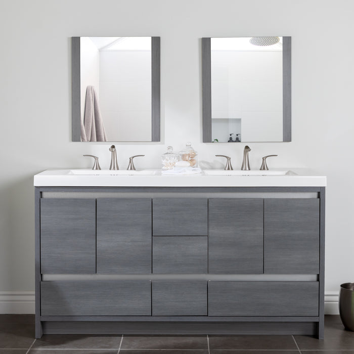 Trente 60 inch 4-door, 5-drawer, hardware-free double-sink bathroom vanity with woodgrain finish and white sink installed in bathroom