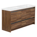 Angled view of Trente 60 inch 4-door, 5-drawer, hardware-free double-sink bathroom vanity with woodgrain finish and white sink
