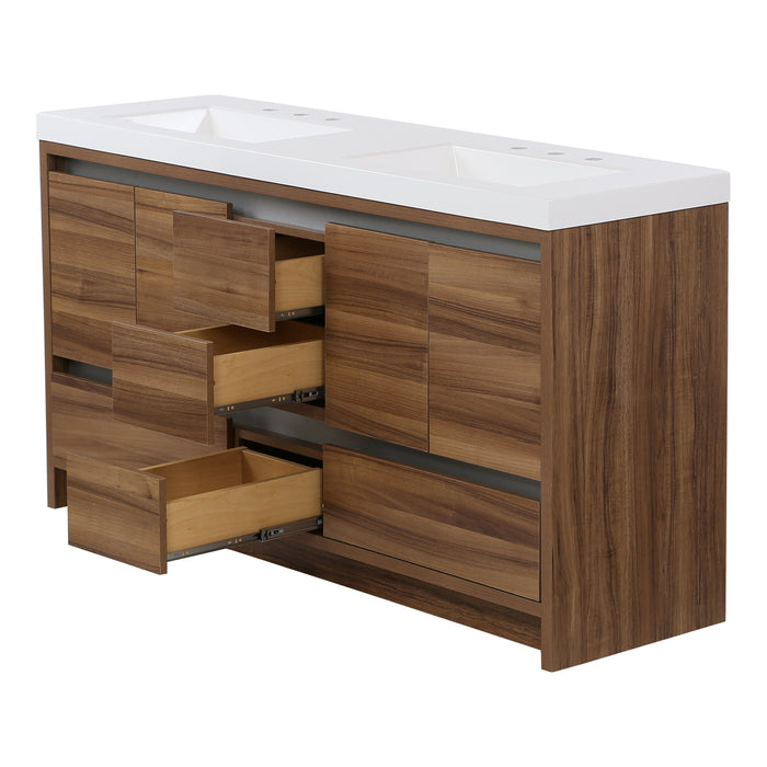 Middle drawers open on Trente 60 inch 4-door, 5-drawer, hardware-free double-sink bathroom vanity with woodgrain finish and white sink