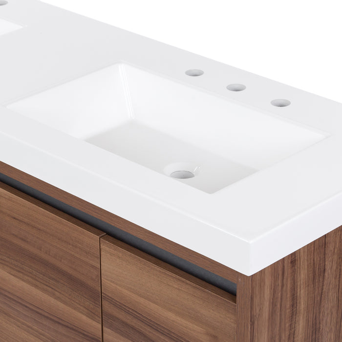 Predrilled white sink top on Trente 60 inch 4-door, 5-drawer, hardware-free double-sink bathroom vanity with woodgrain finish and white sink