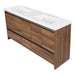Angled view of Trente 60 inch 4-door, 5-drawer, hardware-free double-sink bathroom vanity with woodgrain finish and white sink