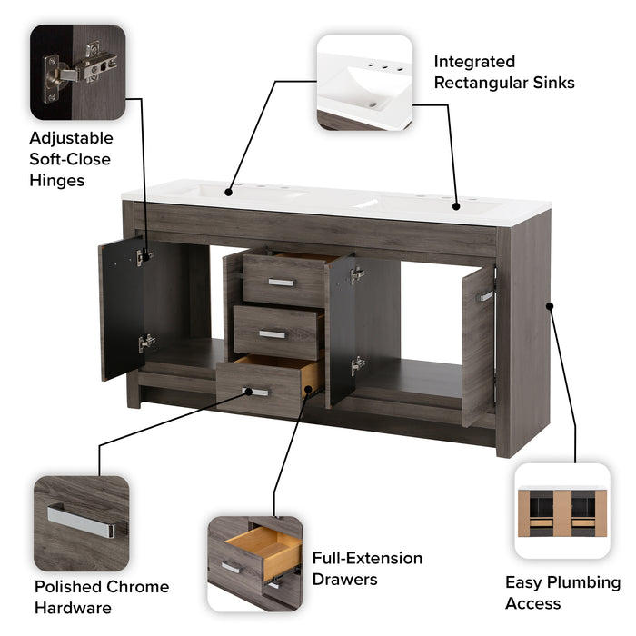 60.25" Bathroom Vanity With Integrated Double-Sink Countertop