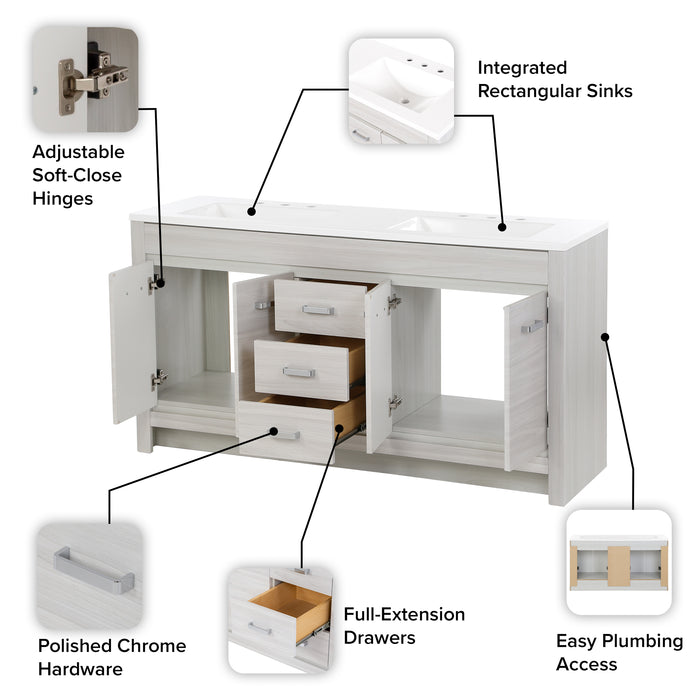 60.25" Bathroom Vanity With Integrated Double-Sink Countertop