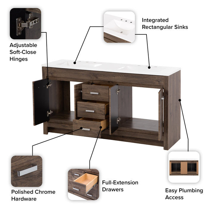 60.25" Bathroom Vanity With Integrated Double-Sink Countertop