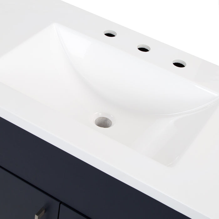 Predrilled sink top on Salil 60 inch 4-door, 3-drawer blue double bathroom vanity with white sink top