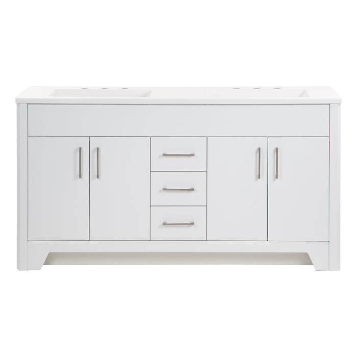 Front of Salil 60 inch 4-door, 3-drawer white double bathroom vanity with white sink top