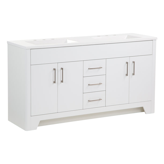 Angled view of Salil 60 inch 4-door, 3-drawer white double bathroom vanity with white sink top