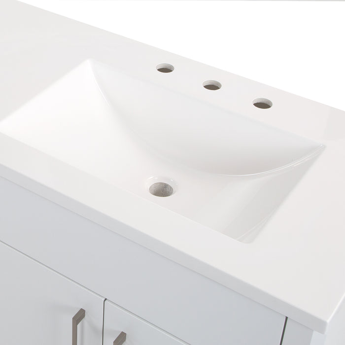 Predrilled sink on Salil 60 inch 4-door, 3-drawer white double bathroom vanity with white sink top