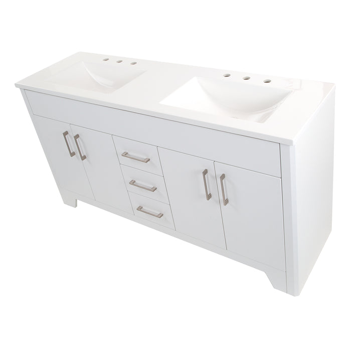 Top view of Salil 60 inch 4-door, 3-drawer white double bathroom vanity with white sink top