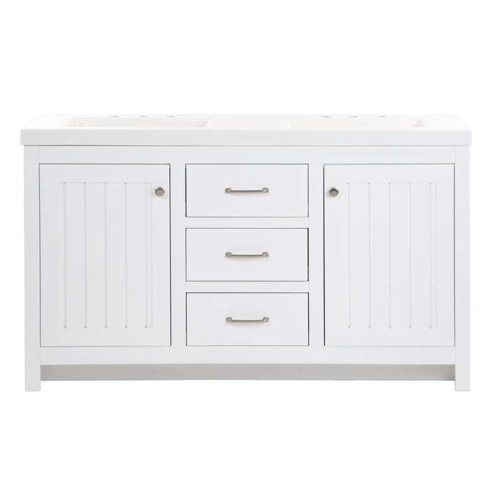 Chamiree white double bathroom vanity with cabinet, 3 drawers, satin nickel hardware, white sink top