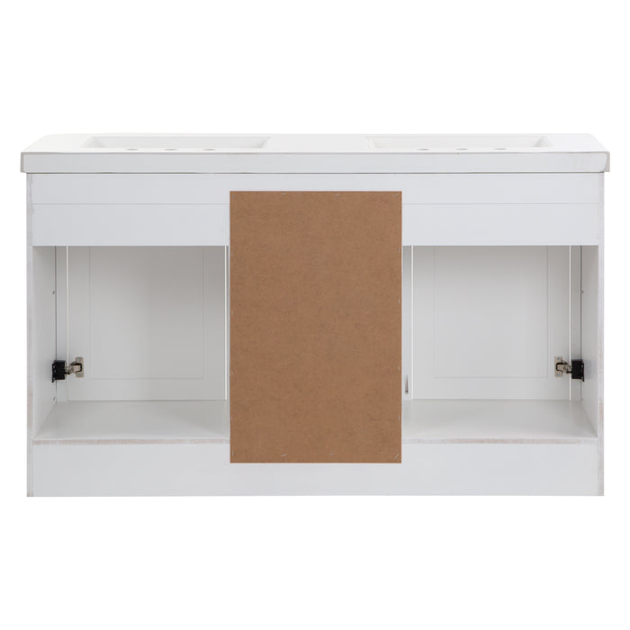 Open back on 60 in Chamiree white double bathroom vanity with cabinet, 3 drawers, satin nickel hardware, white sink top