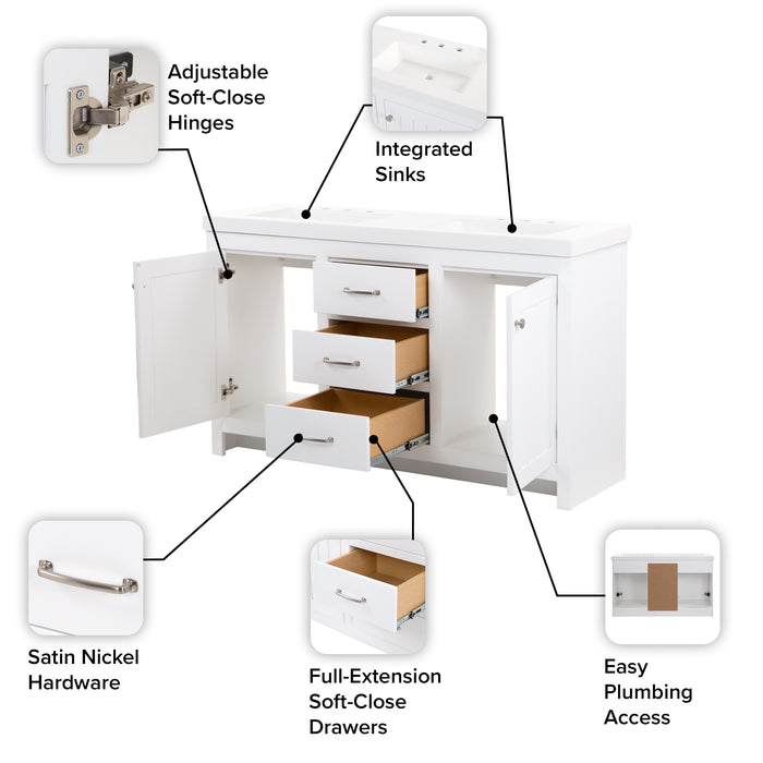 Features of 60 in Chamiree white double bathroom vanity with cabinet, 3 drawers, satin nickel hardware, white sink top