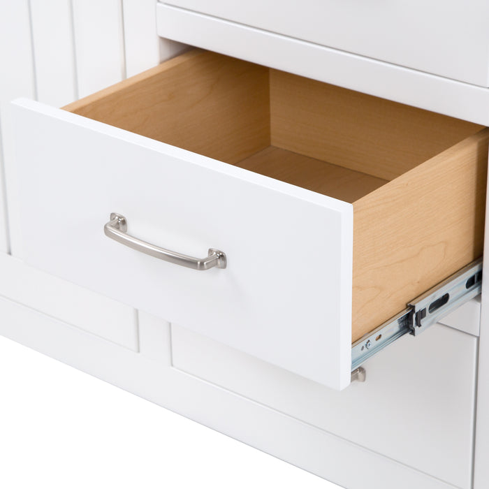 Open drawer on 60 in Chamiree white double bathroom vanity with cabinet, 3 drawers, satin nickel hardware, white sink top