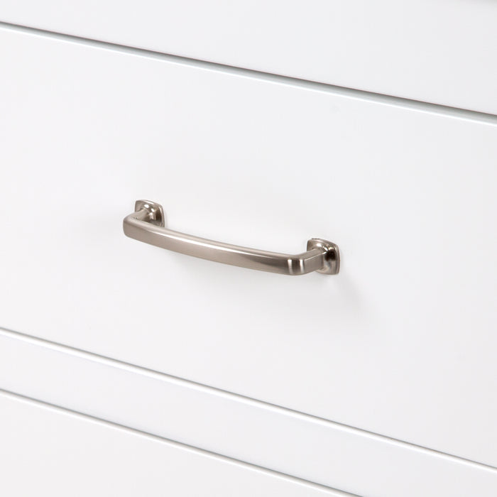 Satin nickel drawer pull on 60 in Chamiree white double bathroom vanity with cabinet, 3 drawers, satin nickel hardware, white sink top