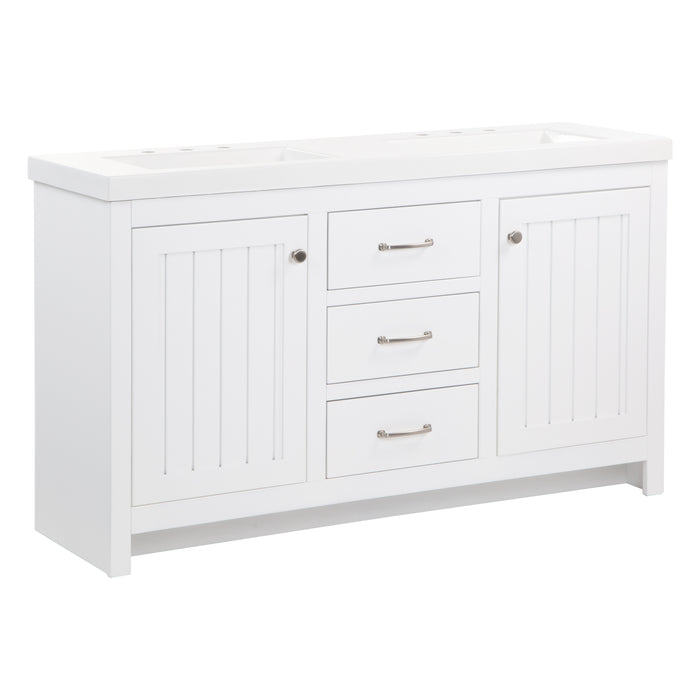 Angled view of Chamiree white double bathroom vanity with cabinet, 3 drawers, satin nickel hardware, white sink top