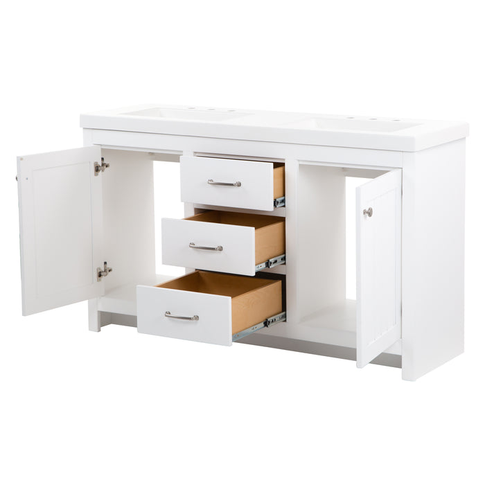 Open doors and drawers on Chamiree white double bathroom vanity with cabinet, 3 drawers, satin nickel hardware, white sink top