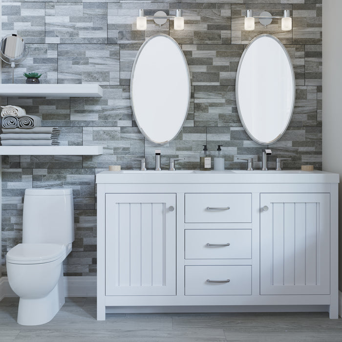 60 in Chamiree white double bathroom vanity with cabinet, 3 drawers, satin nickel hardware, white sink top installed in bathroom