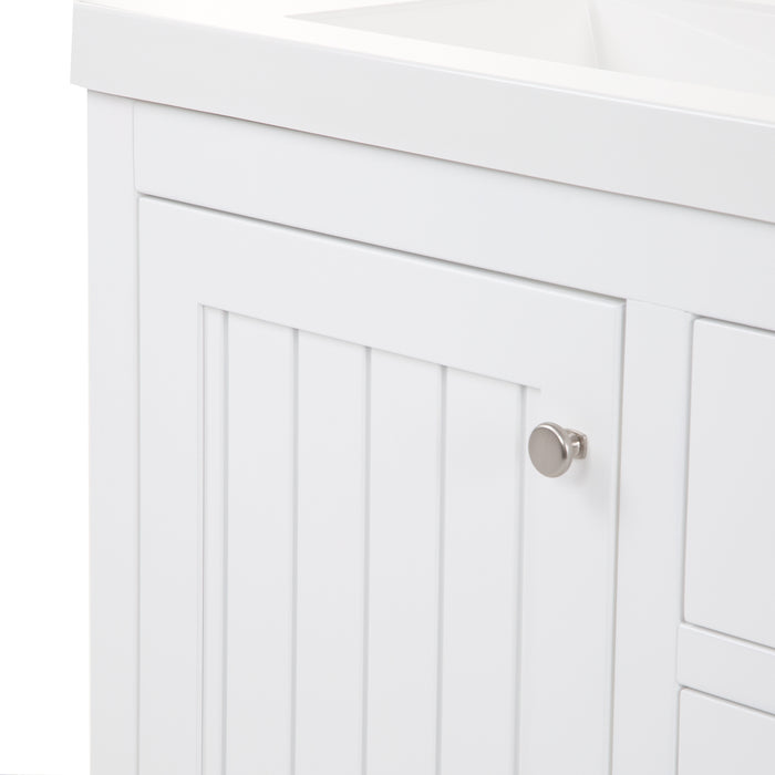 Side view closeup of Chamiree white double bathroom vanity with cabinet, 3 drawers, satin nickel hardware, white sink top