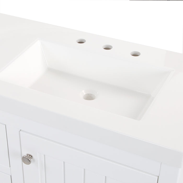 Predrilled sink top on Chamiree white double bathroom vanity with cabinet, 3 drawers, satin nickel hardware, white sink top