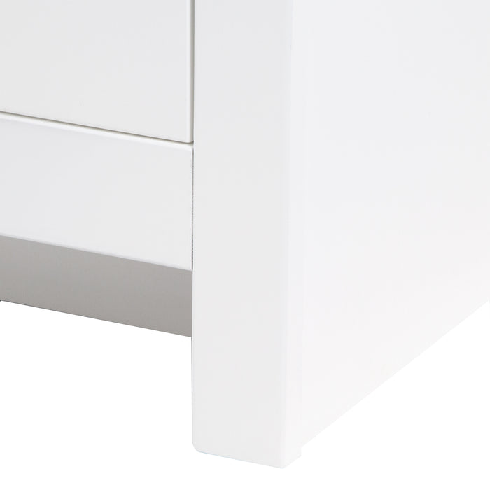 Toekick on Chamiree white double bathroom vanity with cabinet, 3 drawers, satin nickel hardware, white sink top