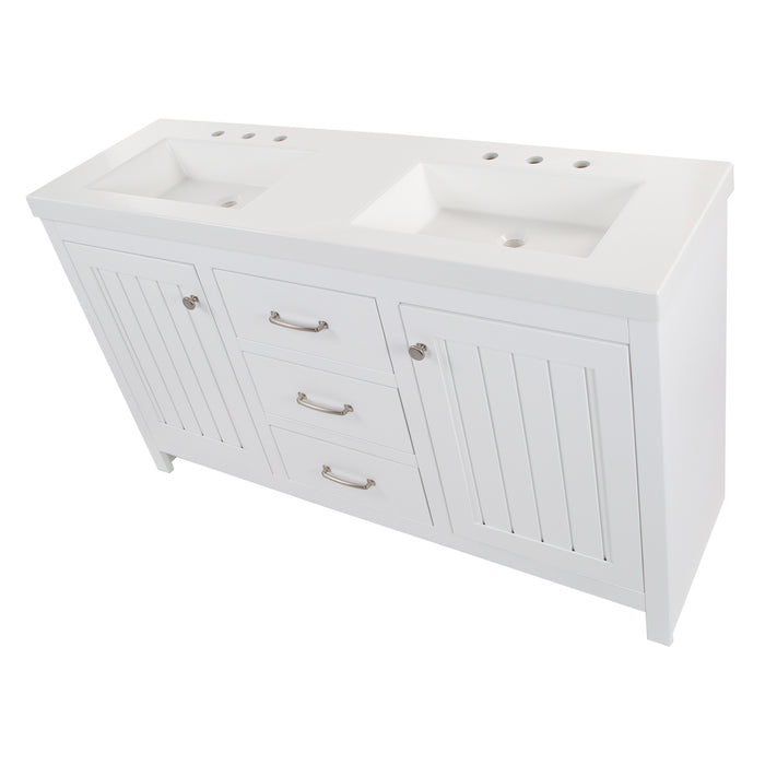 Top view of 60.5 in Chamiree white double bathroom vanity with cabinet, 3 drawers, satin nickel hardware, white sink top